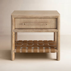 Nightstand with 1 Drawer and Leather Accents in Natural Acacia Wood