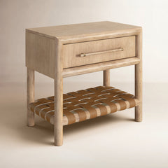 Nightstand with 1 Drawer and Leather Accents in Natural Acacia Wood