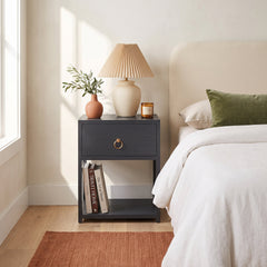 Nightstand with 1 Drawer and Open Shelf in Navy Blue
