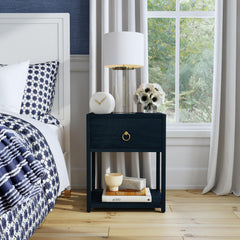 Nightstand with 1 Drawer and Open Shelf in Navy Blue