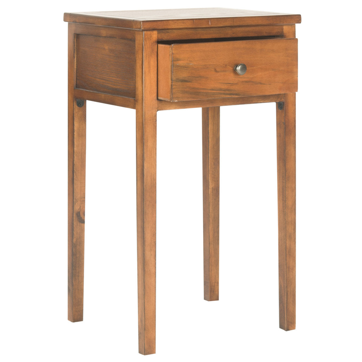Nightstand with 1 Drawer, Silver Pull Hardware, Brown