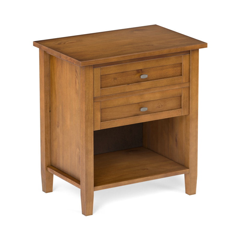 Nightstand with 2 Drawers and Open Shelf, Solid Pine, Light Golden Brown