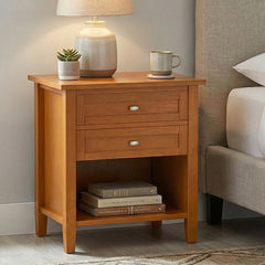 Nightstand with 2 Drawers and Open Shelf, Solid Pine, Light Golden Brown