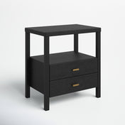 Nightstand with 2 Drawers and Open Shelf, Solid Wood Frame in Black