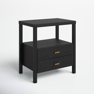 Nightstand with 2 Drawers and Open Shelf, Solid Wood Frame in Black