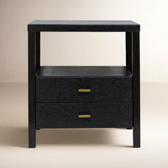Nightstand with 2 Drawers and Open Shelf, Solid Wood Frame in Black