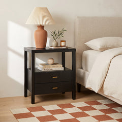 Nightstand with 2 Drawers and Open Shelf, Solid Wood Frame in Black