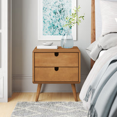 Nightstand with 2 Drawers and Splayed Legs in Oak
