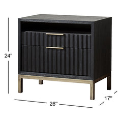 Nightstand with 2 Drawers in Black Solid Wood and Gold Metal Base