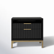 Nightstand with 2 Drawers in Black Solid Wood and Gold Metal Base
