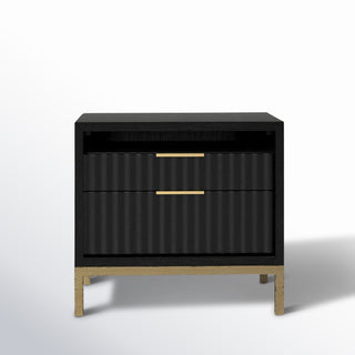 Nightstand with 2 Drawers in Black Solid Wood and Gold Metal Base