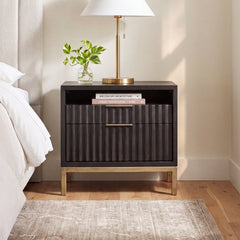Nightstand with 2 Drawers in Black Solid Wood and Gold Metal Base