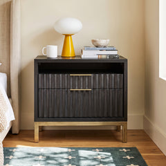 Nightstand with 2 Drawers in Black Solid Wood and Gold Metal Base