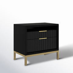 Nightstand with 2 Drawers in Black Solid Wood and Gold Metal Base