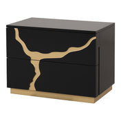 Nightstand with 2 Drawers, Solid Wood Frame, Black and Gold