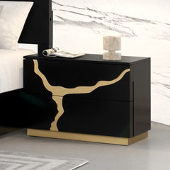 Nightstand with 2 Drawers, Solid Wood Frame, Black and Gold