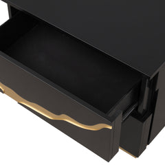 Nightstand with 2 Drawers, Solid Wood Frame, Black and Gold
