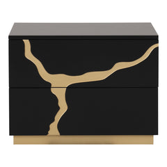 Nightstand with 2 Drawers, Solid Wood Frame, Black and Gold