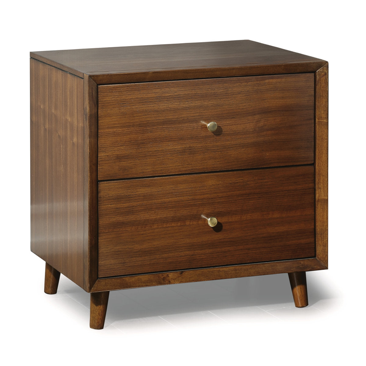 Nightstand with 2 Drawers, Solid Wood in Walnut with Brushed Brass Pulls
