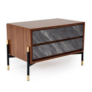 Nightstand with 2 Soft Close Drawers, Walnut Veneer Finish, Brown and Gray