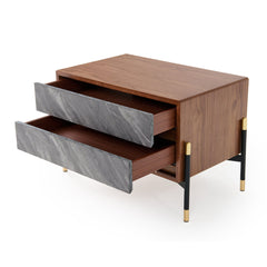 Nightstand with 2 Soft Close Drawers, Walnut Veneer Finish, Brown and Gray