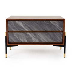Nightstand with 2 Soft Close Drawers, Walnut Veneer Finish, Brown and Gray