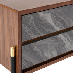 Nightstand with 2 Soft Close Drawers, Walnut Veneer Finish, Brown and Gray