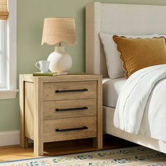 Nightstand with 3 Drawers in Pale Oak Solid and Manufactured Wood
