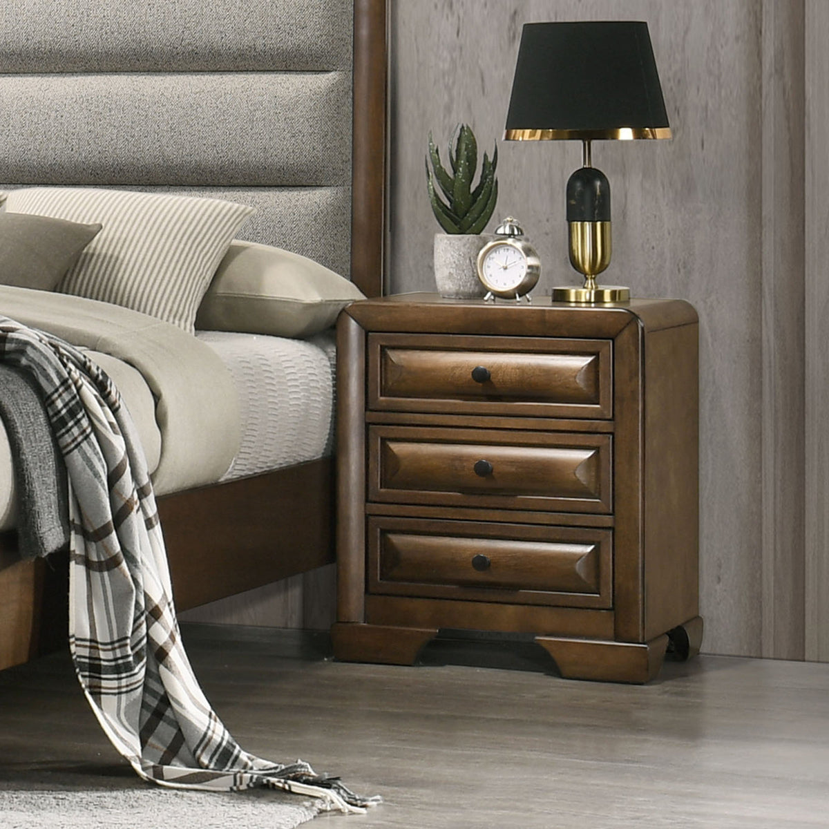 Nightstand with 3 Drawers, Solid Wood and Veneer, Brown