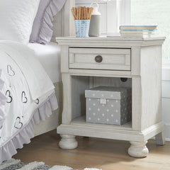 Nightstand with Drawer and Open Shelf in Antiqued White