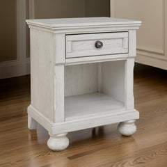 Nightstand with Drawer and Open Shelf in Antiqued White
