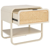 Nightstand with Drawer and Open Shelf, Rubberwood, Woven Rattan Panel