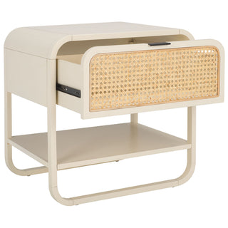 Nightstand with Drawer and Open Shelf, Rubberwood, Woven Rattan Panel
