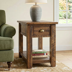 Nightstand with Drawer and Shelf in Oak, Solid Acacia Wood