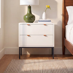 Nightstand with Drawers, Solid and Manufactured Wood, White, Metal Legs