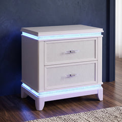 Nightstand with LED Lights, Acacia Wood, Milky White