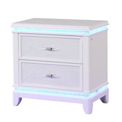 Nightstand with LED Lights, Acacia Wood, Milky White