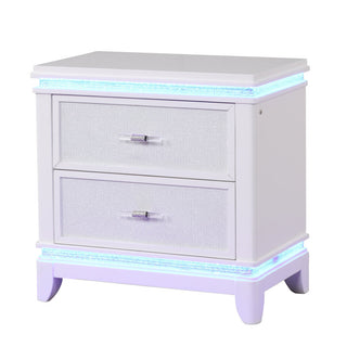 Nightstand with LED Lights, Acacia Wood, Milky White