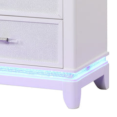 Nightstand with LED Lights, Acacia Wood, Milky White