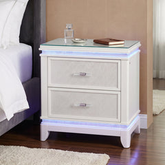 Nightstand with LED Lights, Acacia Wood, Milky White