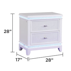 Nightstand with LED Lights, Acacia Wood, Milky White