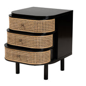 Nightstand with Three Drawers, Black Wood and Rattan