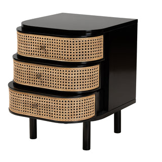 Nightstand with Three Drawers, Black Wood and Rattan