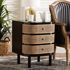 Nightstand with Three Drawers, Black Wood and Rattan