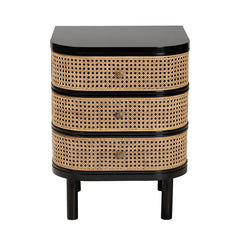 Nightstand with Three Drawers, Black Wood and Rattan