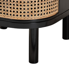 Nightstand with Three Drawers, Black Wood and Rattan