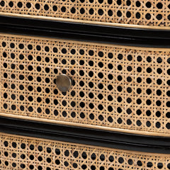 Nightstand with Three Drawers, Black Wood and Rattan