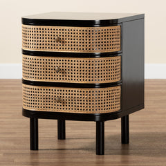 Nightstand with Three Drawers, Black Wood and Rattan