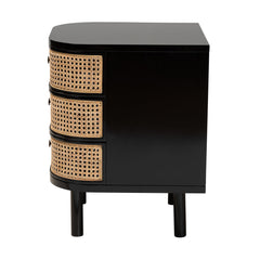 Nightstand with Three Drawers, Black Wood and Rattan