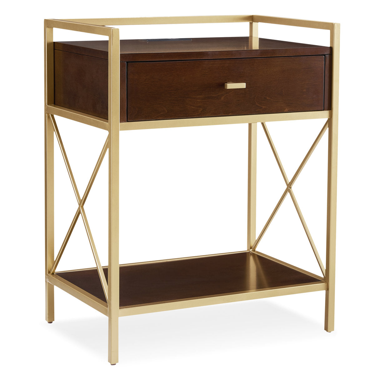 Nightstand with USB-C Charging Station, Walnut with Gold Accents